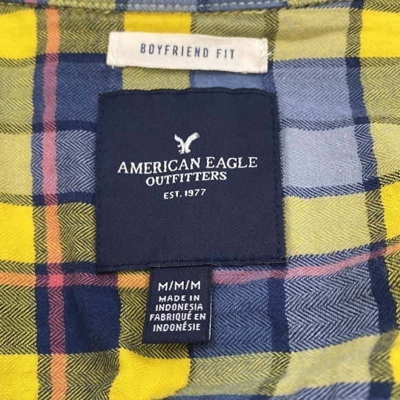 AEO AMERICAN EAGLE Plaid Blue Yellow Flannel Like Snap Front Shirt Fall Winter M - Picture 5 of 7